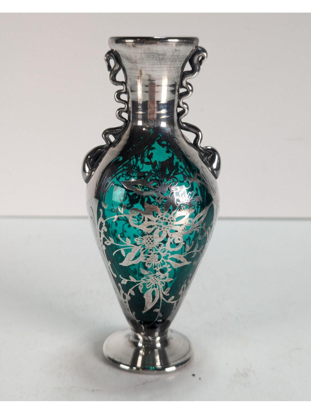 Antique Sterling Silver Overlay Vase Teal Emerald Green Art Nouveau Scroll Handl